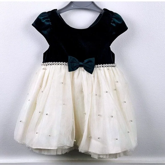American Princess Toddler Girls Velvet Tulle Pearl Party Dress Green Cream 24M - Picture 1 of 7